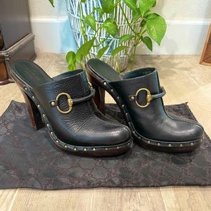 Gucci Horsebit Black Leather Mules Heels Clogs Size 7 B